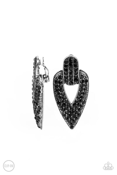 Paparazzi Earring - Blinged Out Buckles - Black Clip-On