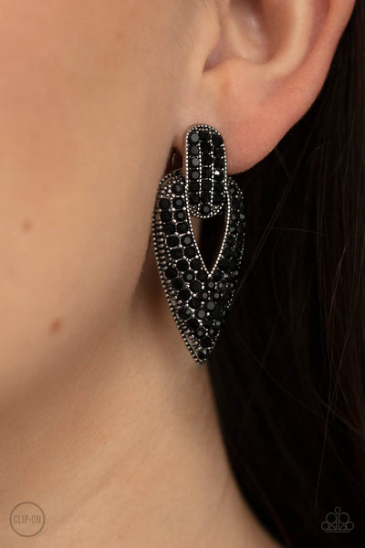Paparazzi Earring - Blinged Out Buckles - Black Clip-On