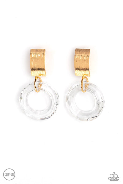 Paparazzi Earring - Clear Out! - Gold Clip-On