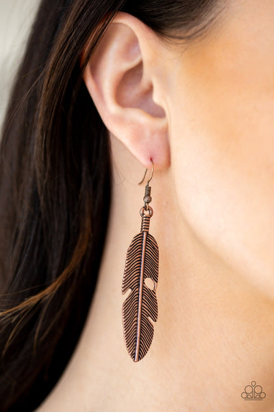 Paparazzi Earring - Feathers Quill Fly - Copper