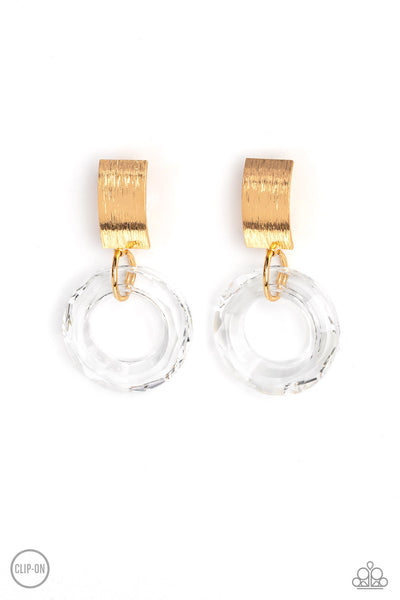 Paparazzi Earring - Clear Out! - Gold Clip-On