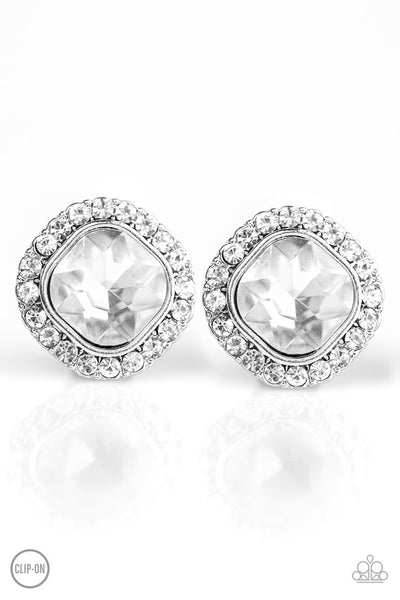 Paparazzi Earring - Cinderella Shimmer - White Clip-On
